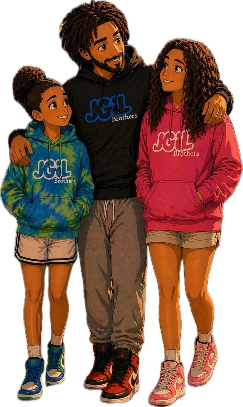 Transformed character asset of father with two daughters in branded clothing.