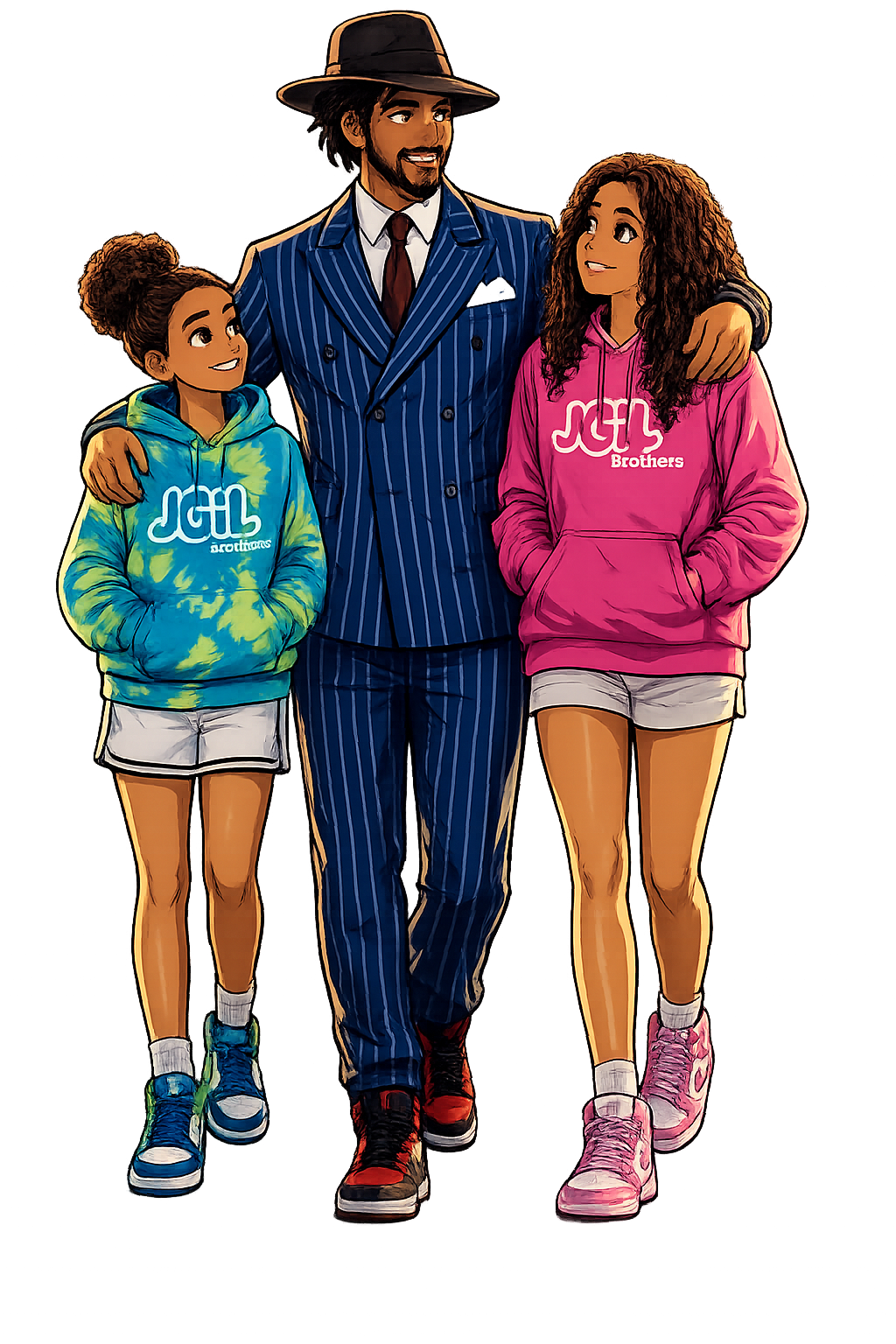 Transformed character asset of father and daughters in cinematic J GIL Brothers styling.