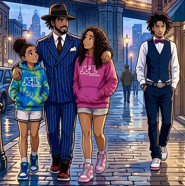 Final family-in-Neo-Brooklyn composition connecting source memories to the world.