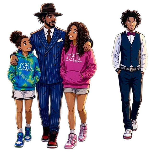 Transformed family character group with father, two daughters, and son.